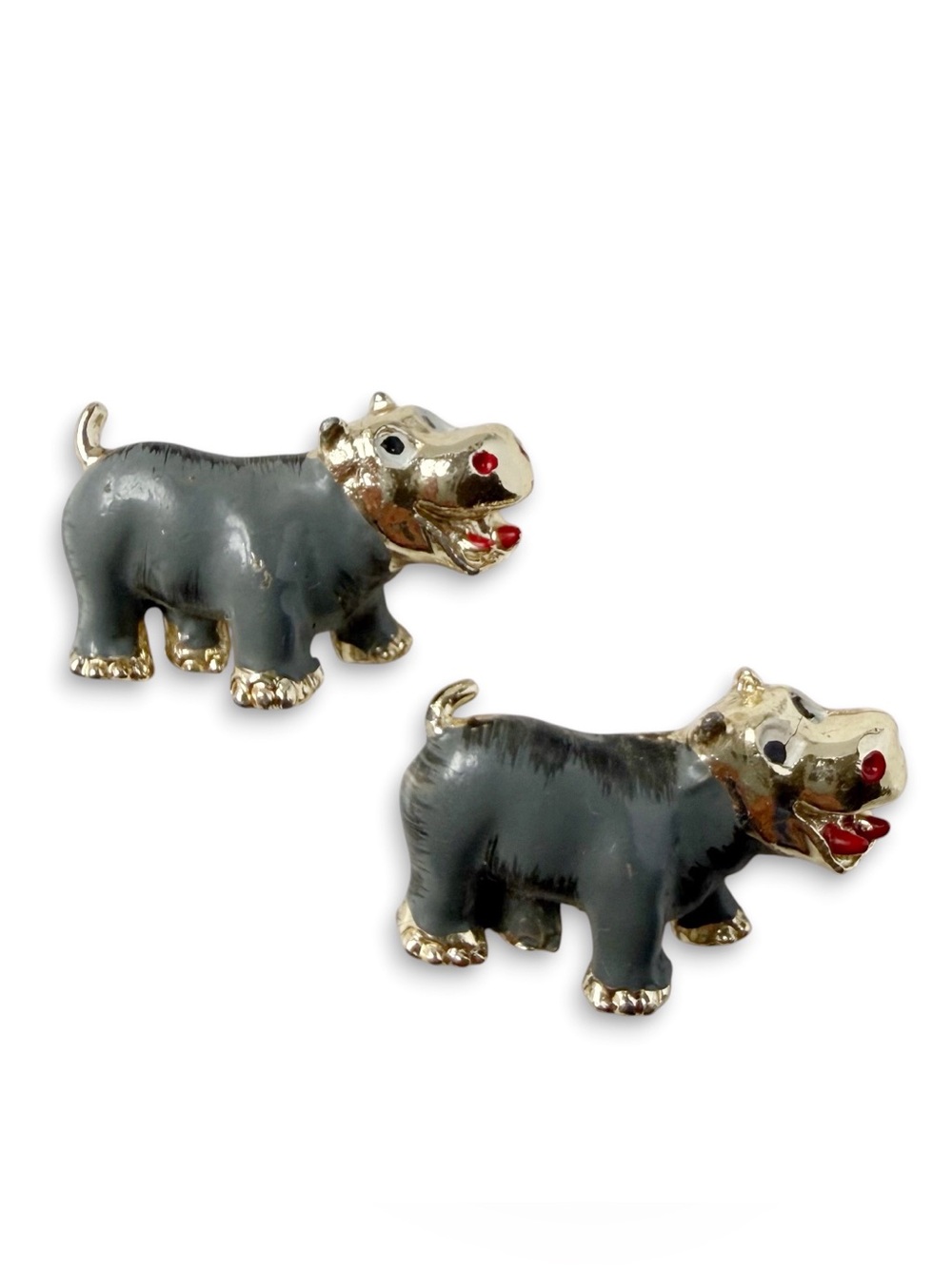 Vintage Set Pair of Hippo Hippopotamus Enamel Tiny Small Pins